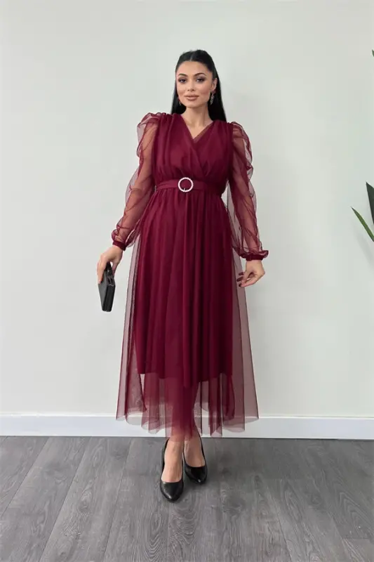 Tulle Fabric Crossover Neck Stone Belt Detailed Dress - BORDEAUX - BÜYÜKBEDENIZ