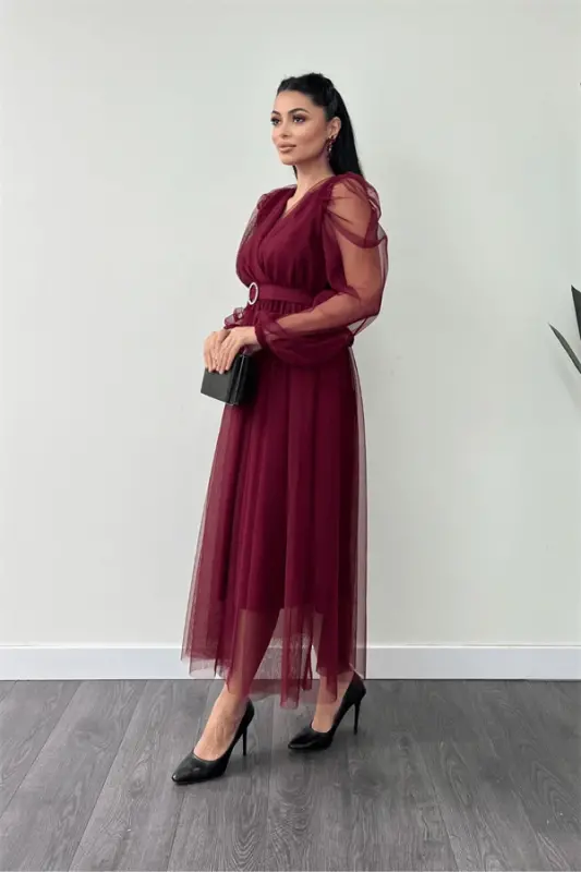 Tulle Fabric Crossover Neck Stone Belt Detailed Dress - BORDEAUX - 2