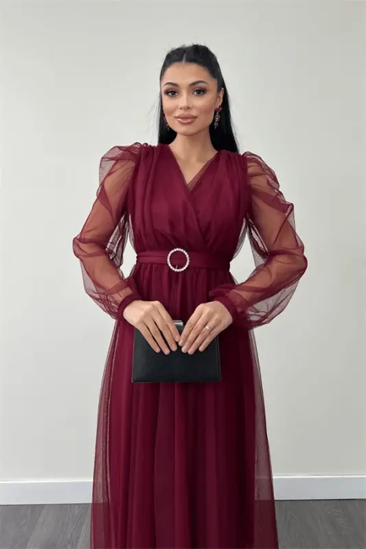Tulle Fabric Crossover Neck Stone Belt Detailed Dress - BORDEAUX - 3