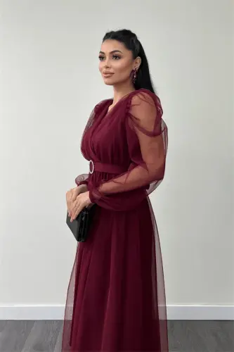 Tulle Fabric Crossover Neck Stone Belt Detailed Dress - BORDEAUX - 4