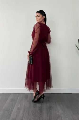 Tulle Fabric Crossover Neck Stone Belt Detailed Dress - BORDEAUX - 5