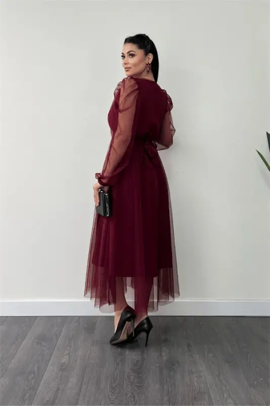 Tulle Fabric Crossover Neck Stone Belt Detailed Dress - BORDEAUX - 5