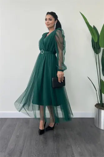 Tulle Fabric Crossover Neck Stone Belt Detailed Dress - EMERALD GREEN - 1