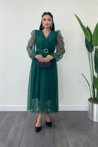 Tulle Fabric Crossover Neck Stone Belt Detailed Dress - EMERALD GREEN - BÜYÜKBEDENIZ (1)