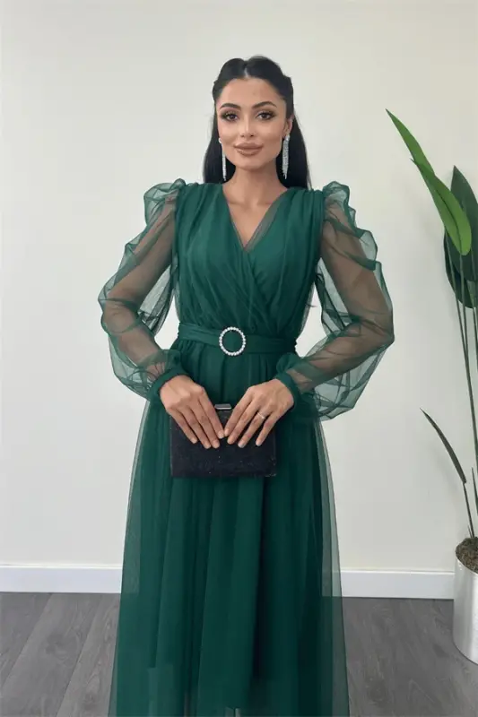 Tulle Fabric Crossover Neck Stone Belt Detailed Dress - EMERALD GREEN - 4