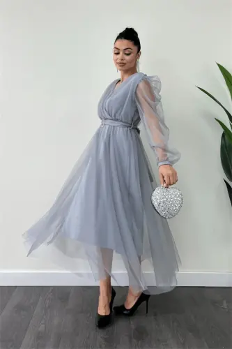 Tulle Fabric Crossover Neck Stone Belt Detailed Dress - GRAY - 2