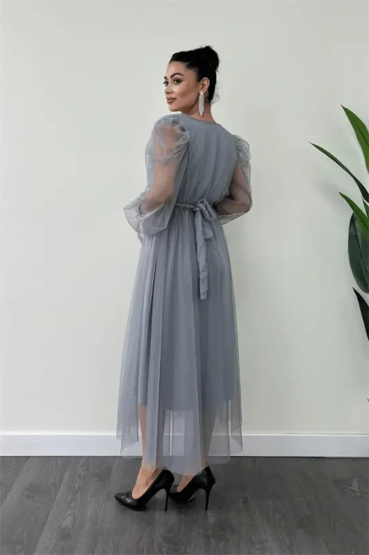 Tulle Fabric Crossover Neck Stone Belt Detailed Dress - GRAY - 5