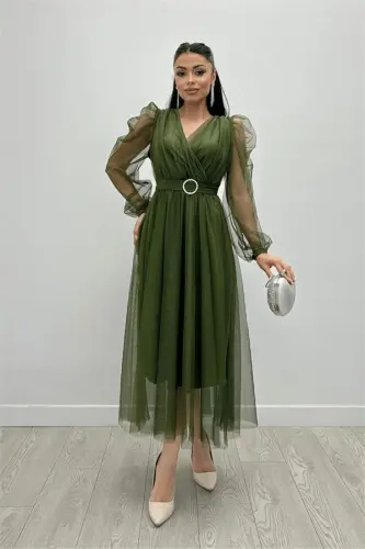 Tulle Fabric Crossover Neck Stone Belt Detailed Dress - KHAKI GREEN - 6