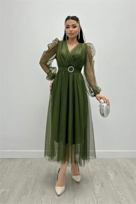 Tulle Fabric Crossover Neck Stone Belt Detailed Dress - KHAKI GREEN - 6