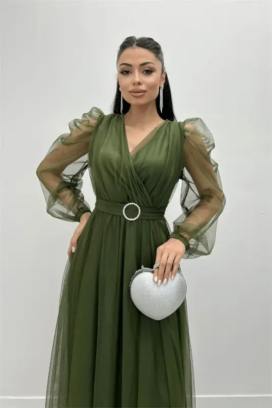 Tulle Fabric Crossover Neck Stone Belt Detailed Dress - KHAKI GREEN - 8
