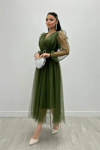 Tulle Fabric Crossover Neck Stone Belt Detailed Dress - KHAKI GREEN - BÜYÜKBEDENIZ (1)