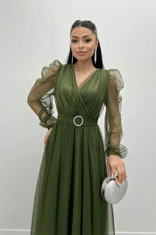 Tulle Fabric Crossover Neck Stone Belt Detailed Dress - KHAKI GREEN - 4