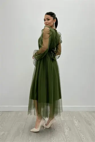 Tulle Fabric Crossover Neck Stone Belt Detailed Dress - KHAKI GREEN - 5