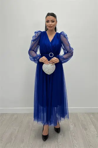 Tulle Fabric Crossover Neck Stone Belt Detailed Dress - SAXE BLUE - 1