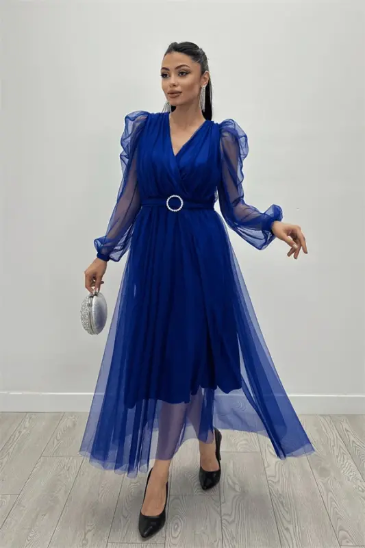 Tulle Fabric Crossover Neck Stone Belt Detailed Dress - SAXE BLUE - 2