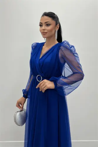 Tulle Fabric Crossover Neck Stone Belt Detailed Dress - SAXE BLUE - 3