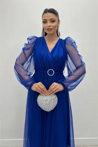 Tulle Fabric Crossover Neck Stone Belt Detailed Dress - SAXE BLUE - 4