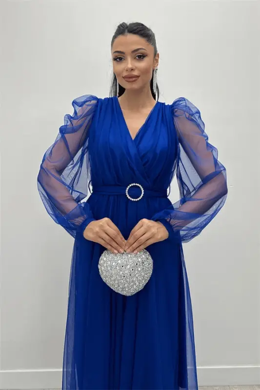 Tulle Fabric Crossover Neck Stone Belt Detailed Dress - SAXE BLUE - 4