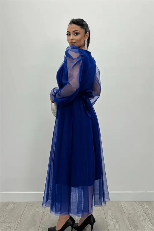 Tulle Fabric Crossover Neck Stone Belt Detailed Dress - SAXE BLUE - 5