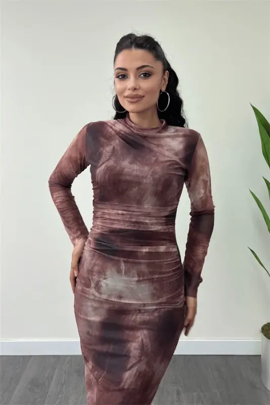Tulle Fabric Draped Detail Pencil Dress - BURGUNDY - 3