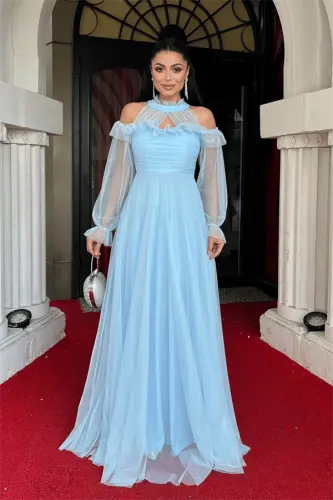 Tulle Fabric Flounce Detail Design Dress - BABY BLUE - 1