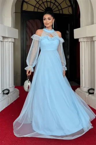 Tulle Fabric Flounce Detail Design Dress - BABY BLUE - BÜYÜKBEDENIZ (1)