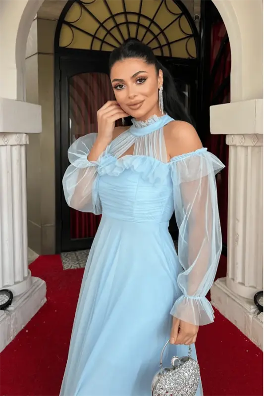 Tulle Fabric Flounce Detail Design Dress - BABY BLUE - 4