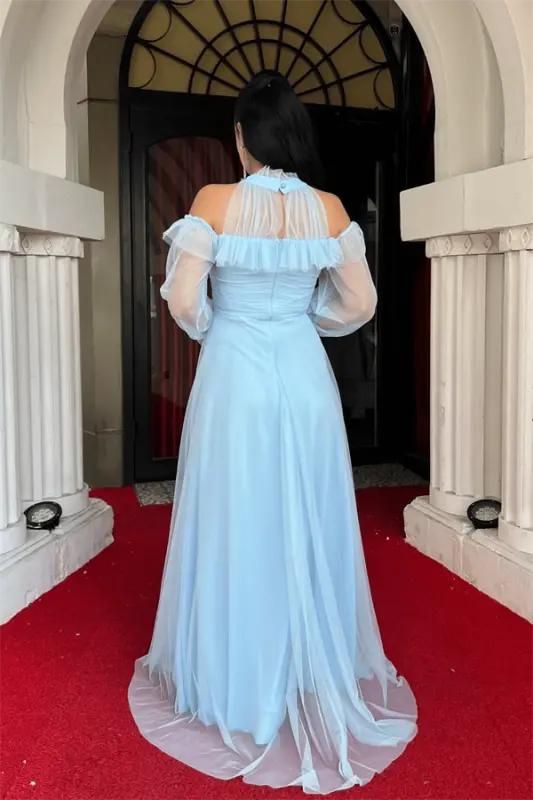 Tulle Fabric Flounce Detail Design Dress - BABY BLUE - 5