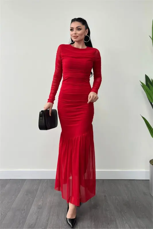 Tulle Fabric Gathered Detail Pencil Dress - RED - 1