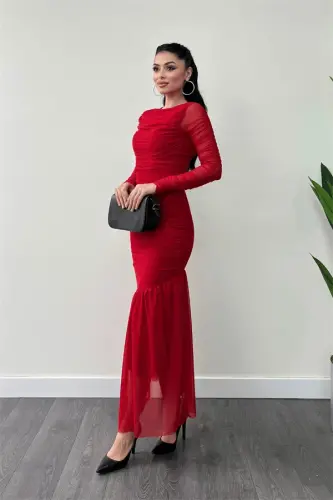 Tulle Fabric Gathered Detail Pencil Dress - RED - 2