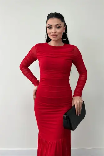 Tulle Fabric Gathered Detail Pencil Dress - RED - 3