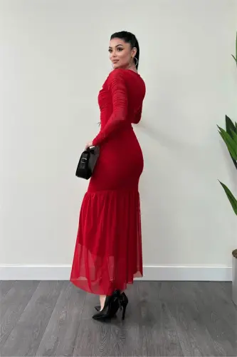 Tulle Fabric Gathered Detail Pencil Dress - RED - 5