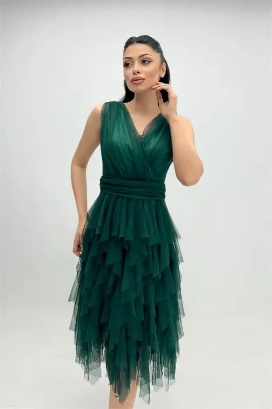 Tulle Fabric Layered Evening Dress - EMERALD GREEN - 6