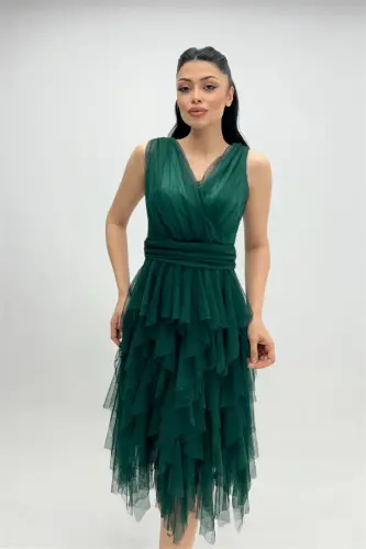 Tulle Fabric Layered Evening Dress - EMERALD GREEN - 1