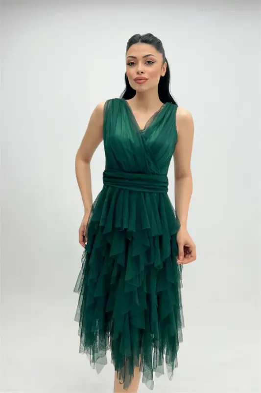 Tulle Fabric Layered Evening Dress - EMERALD GREEN - BÜYÜKBEDENIZ
