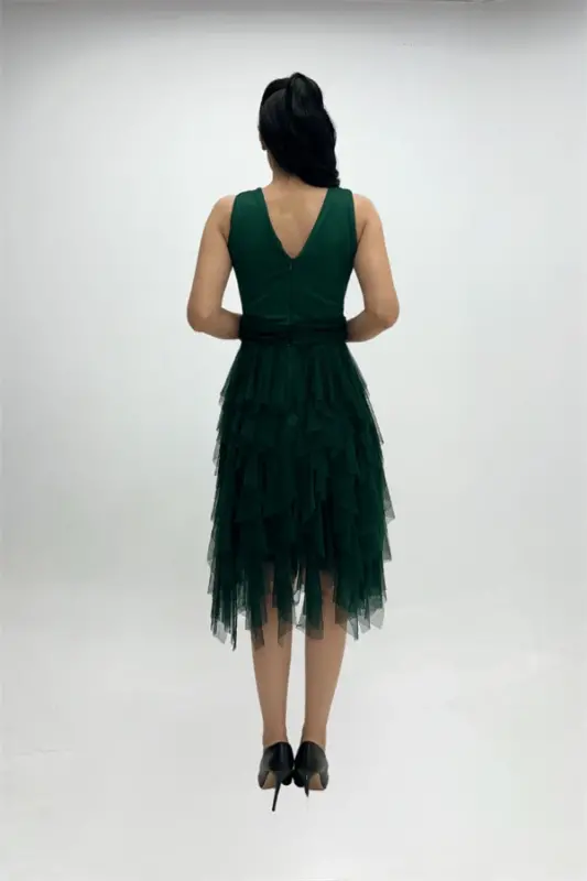 Tulle Fabric Layered Evening Dress - EMERALD GREEN - 8