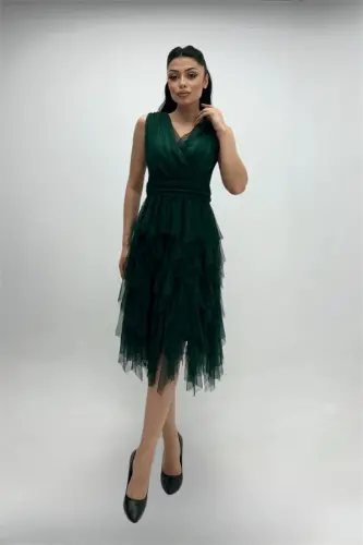 Tulle Fabric Layered Evening Dress - EMERALD GREEN - BÜYÜKBEDENIZ (1)