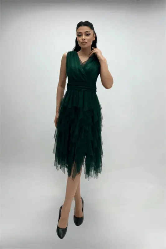 Tulle Fabric Layered Evening Dress - EMERALD GREEN - 2