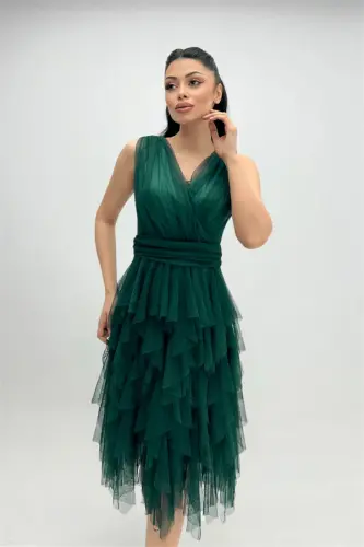 Tulle Fabric Layered Evening Dress - EMERALD GREEN - 3