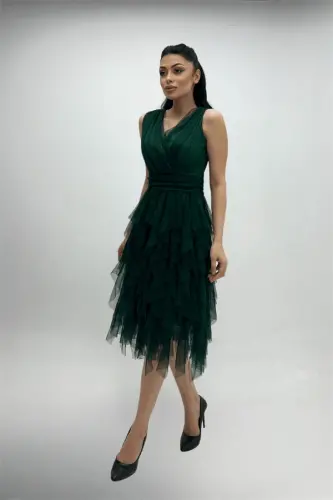 Tulle Fabric Layered Evening Dress - EMERALD GREEN - 4