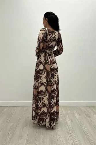 Tulle Fabric Pattern Printed Belted Dress - BROWN - 5