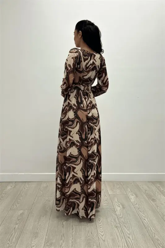 Tulle Fabric Pattern Printed Belted Dress - BROWN - 5