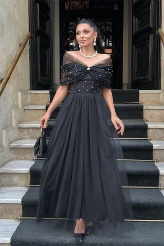 Tulle Fabric Pearl Detailed Midi Dress - BLACK - 1