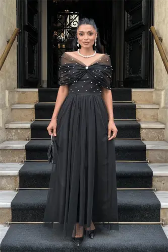 Tulle Fabric Pearl Detailed Midi Dress - BLACK - BÜYÜKBEDENIZ (1)