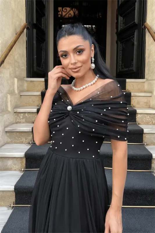 Tulle Fabric Pearl Detailed Midi Dress - BLACK - 4