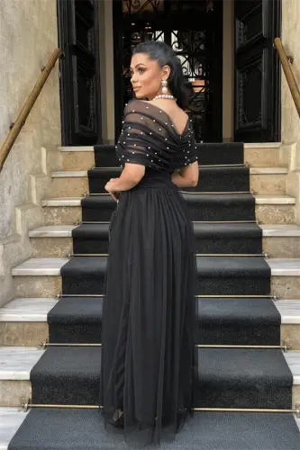 Tulle Fabric Pearl Detailed Midi Dress - BLACK - 5