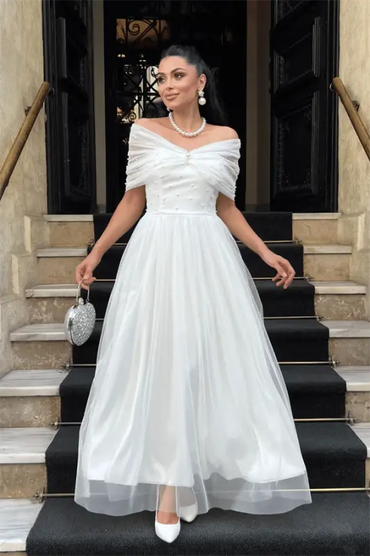 Tulle Fabric Pearl Detailed Midi Dress - WHITE - 1