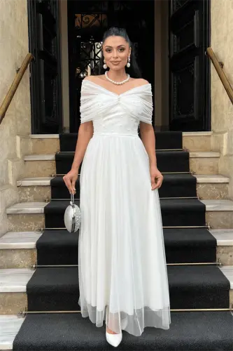 Tulle Fabric Pearl Detailed Midi Dress - WHITE - BÜYÜKBEDENIZ (1)