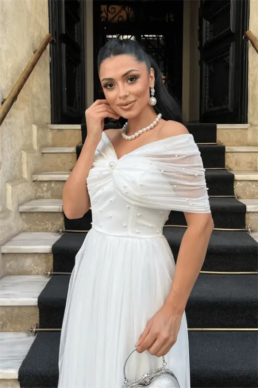 Tulle Fabric Pearl Detailed Midi Dress - WHITE - 4