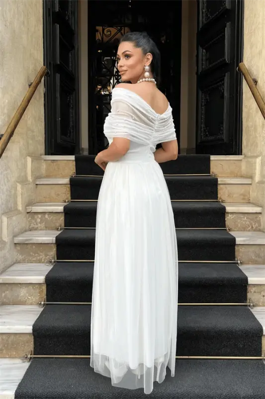 Tulle Fabric Pearl Detailed Midi Dress - WHITE - 5